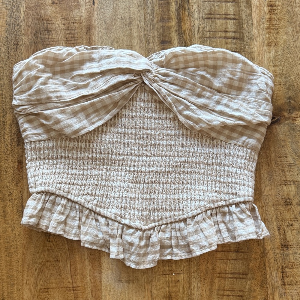 Japna 100% cotton Gingham Smocked Strapless tube Top blouse white tan Cream NWT